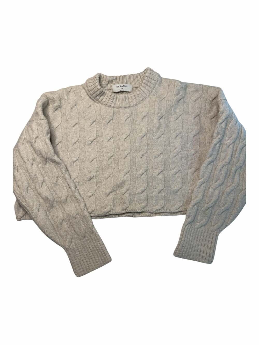 Babaton Merino Wool Cable Knit Cropped Crew Sweater Cream Size XS